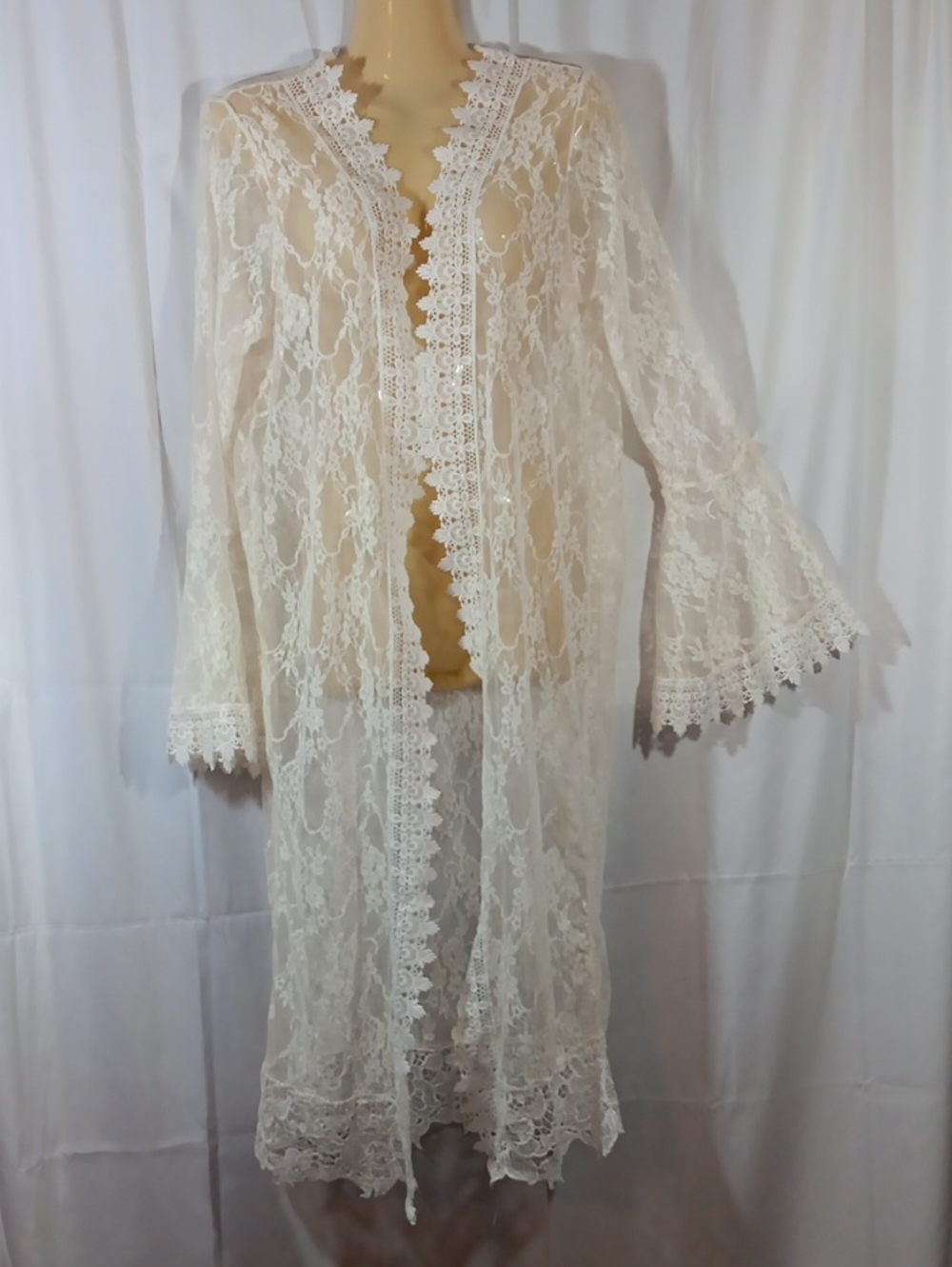Polly & Esther Womens Large Ivory Lace Kimono Duster Open Stretch Boho Festival